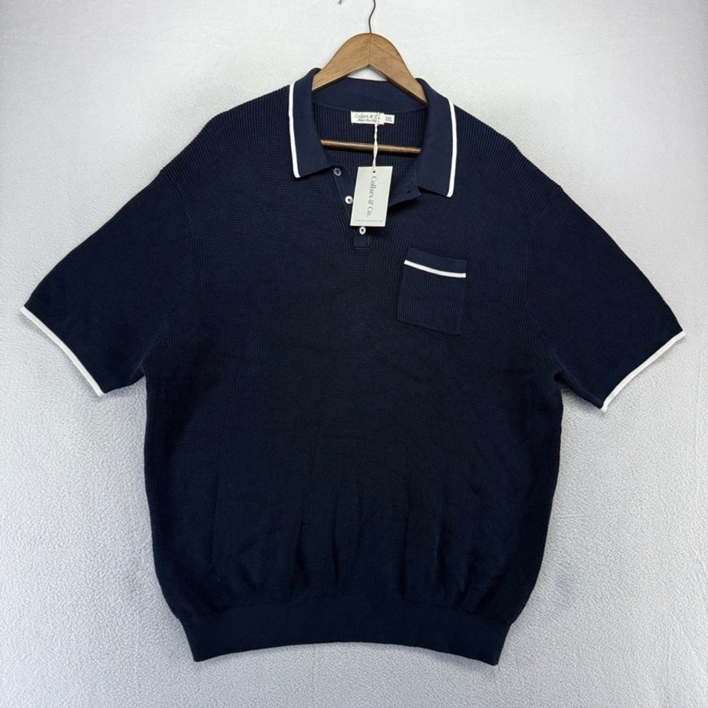 Collars Co Sweater Polo men's 3XL Blue White Knit Modal Quiet Solid Pocket NEW